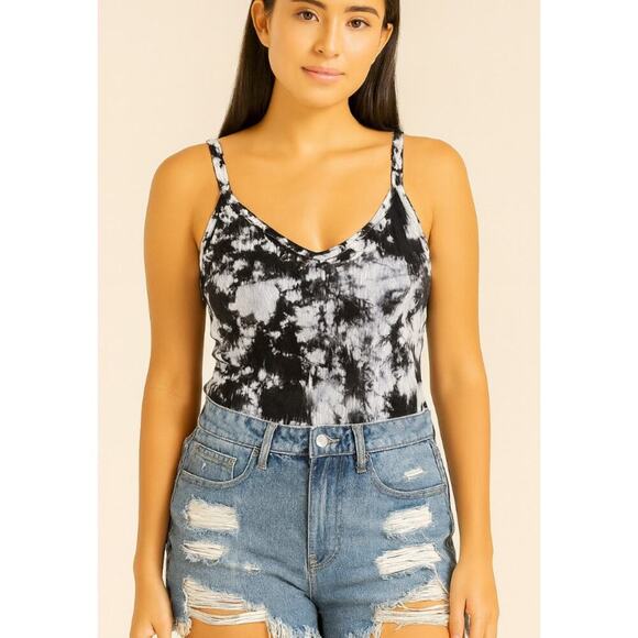 Aura brand body suit tie dyed black/white ribbed snap crotch SZ LG stretch - Picture 1 of 6